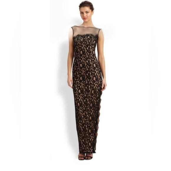 Tadashi Shoji Illusion Neckline Black Lace Floor Length Dress Gown Slit Size 14 - Picture 1 of 10